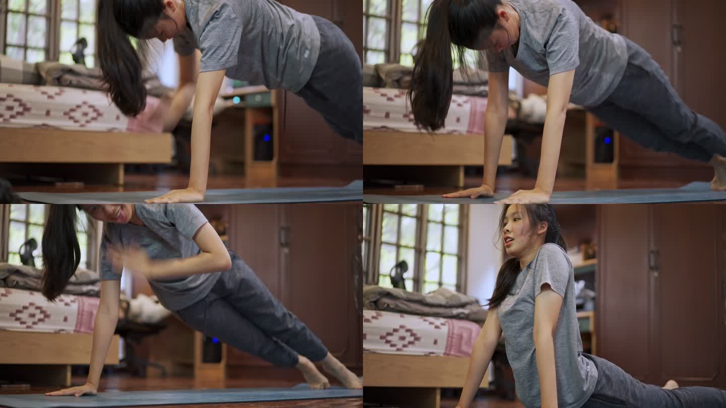 亚洲女性在家锻炼，进行有氧HIIT运动，以减少脂肪和调理身体