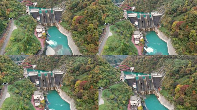 秋季鸟瞰日本富山县Unazuki大坝。