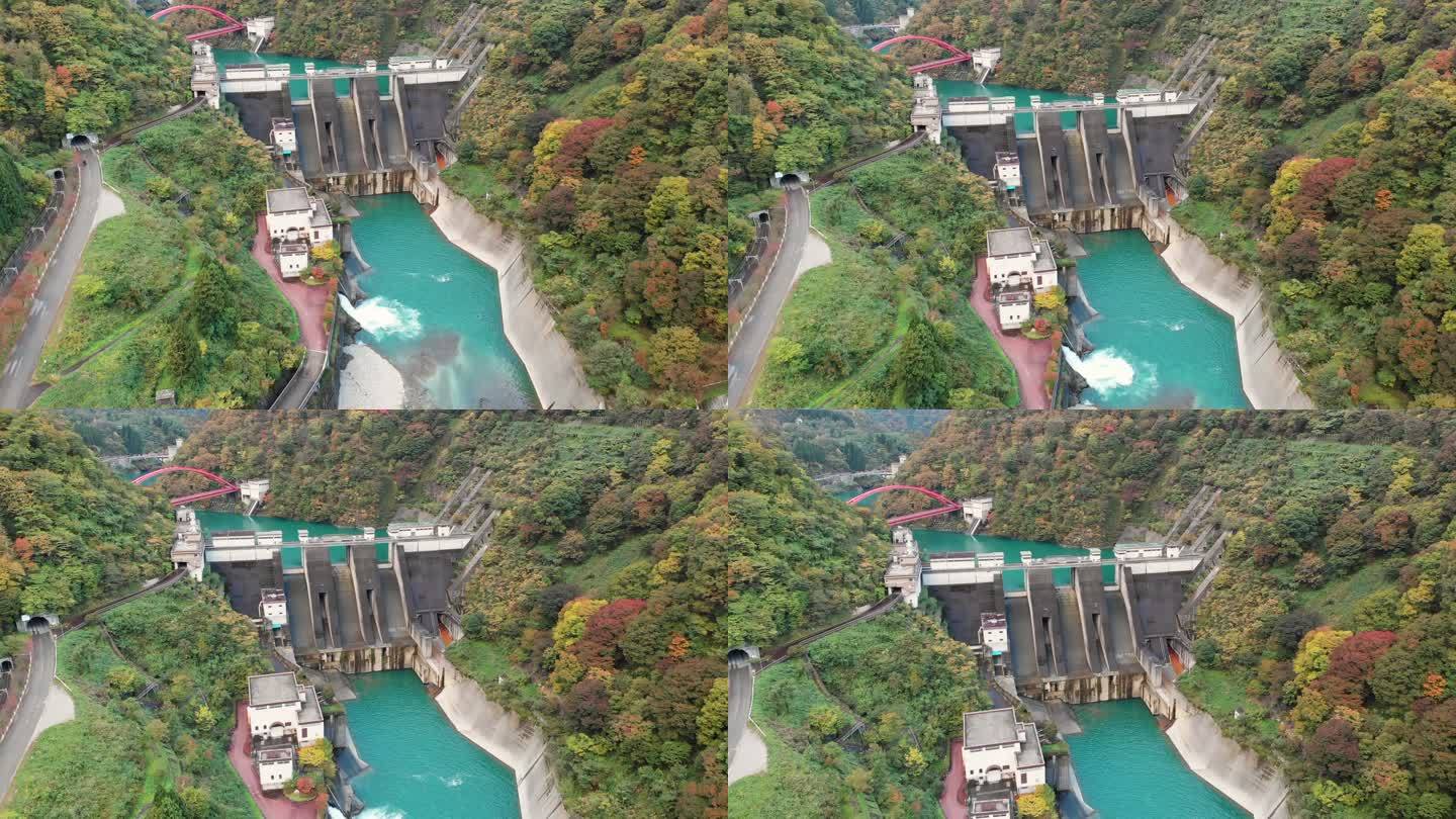 秋季鸟瞰日本富山县Unazuki大坝。