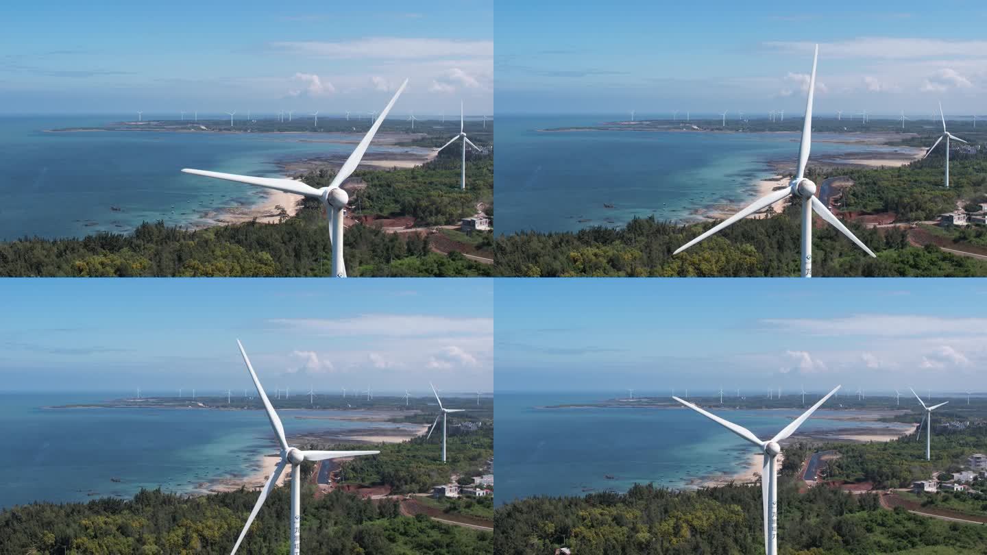 航拍风力发电机海岸线