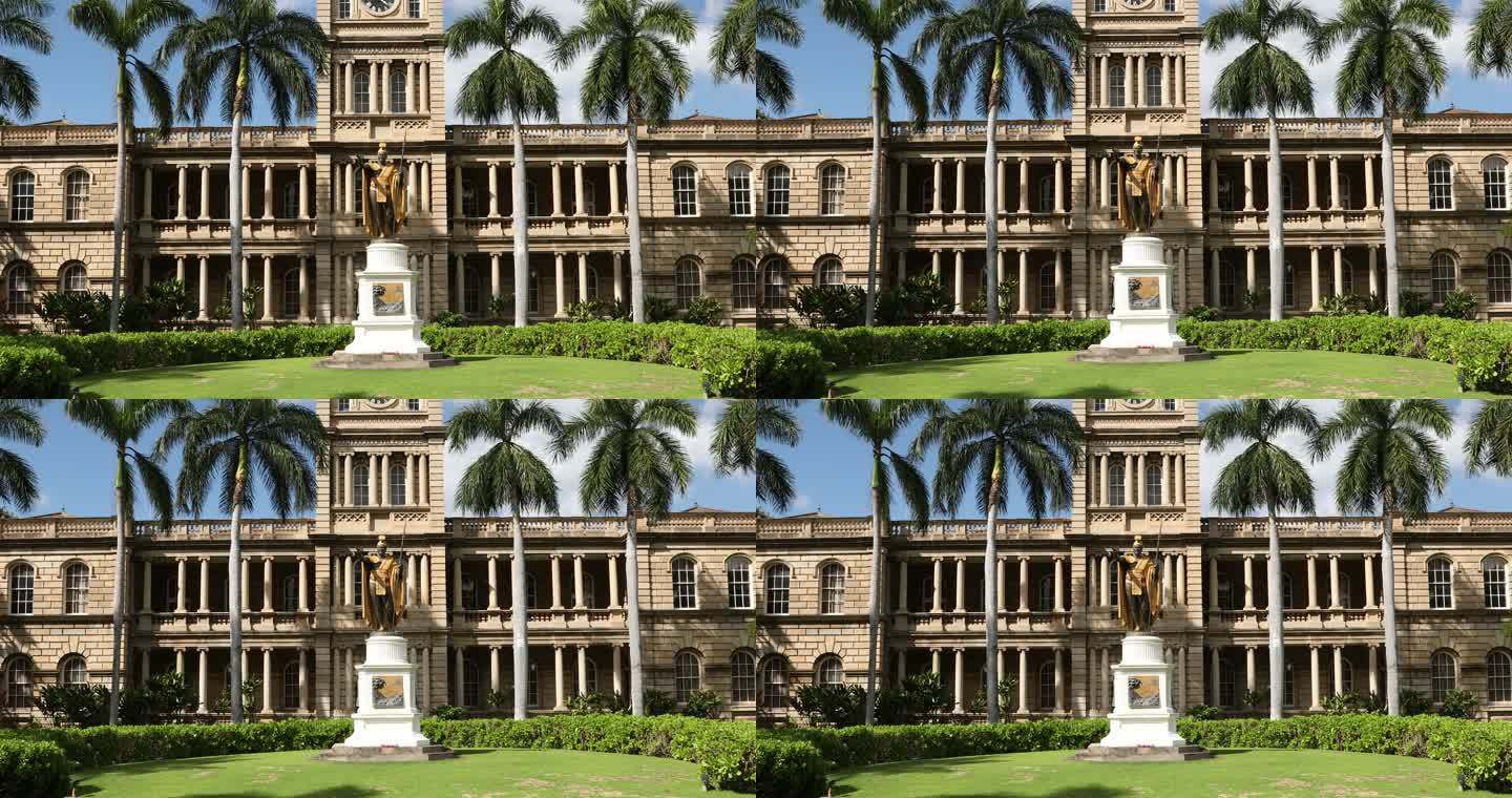 美国夏威夷瓦胡岛檀香山的卡梅哈梅哈国王雕像和阿利奥拉尼·黑尔