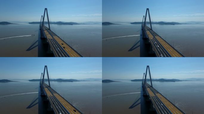 快艇穿过玉环乐清湾跨海大桥定点拍摄车流