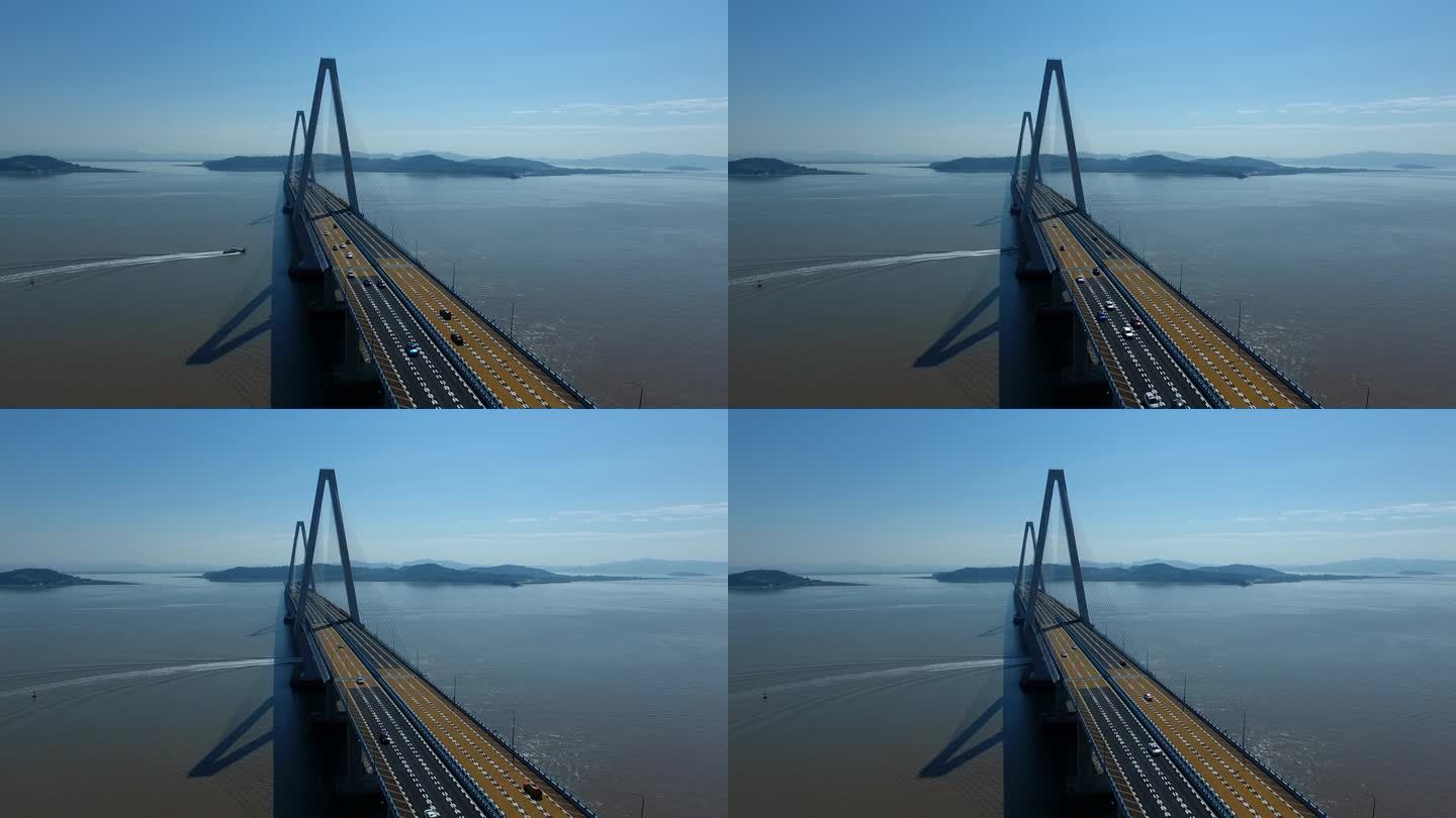 快艇穿过玉环乐清湾跨海大桥定点拍摄车流