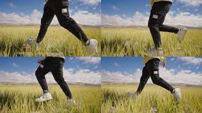 慢动作拍摄男人在秋天的草原上奔跑