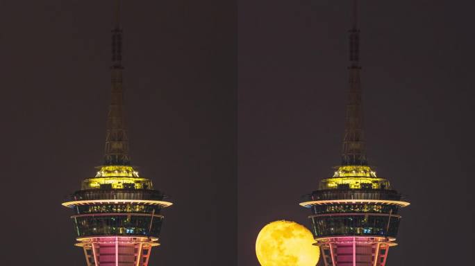 【4K稀有】澳门旅游塔圆月升起延时