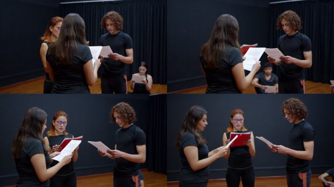 男主角和女演员在剧场排练时朗读剧本，女老师检查台词