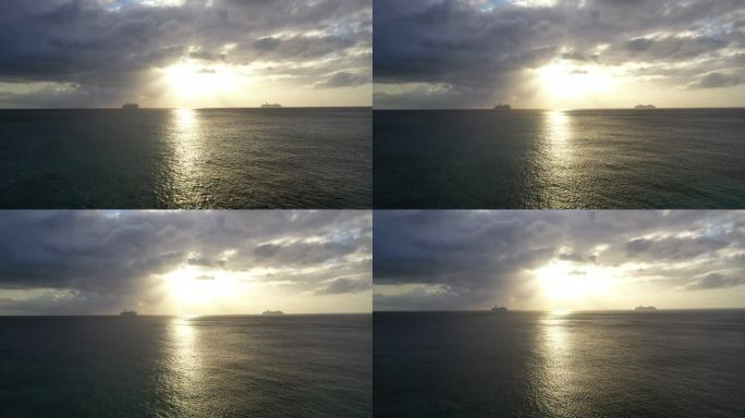 日落时分，无人机在加勒比海的游轮（前进）