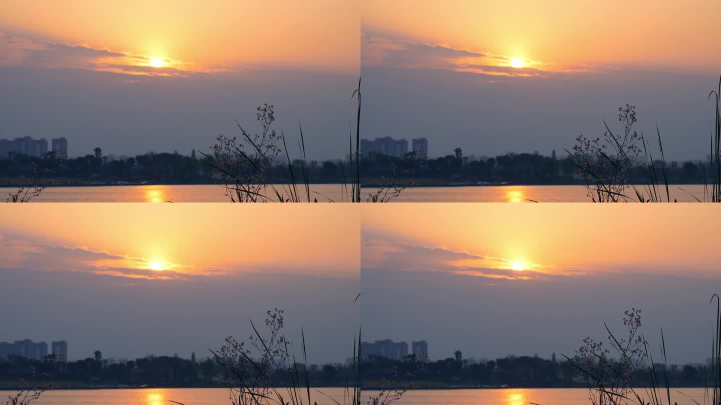 夕阳西下湖面太阳落山实拍(可加速）