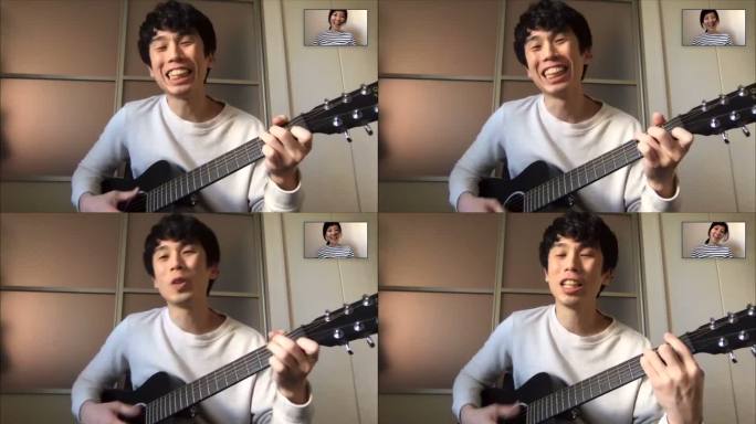 日本男女在PC在线视频会议上一起唱歌