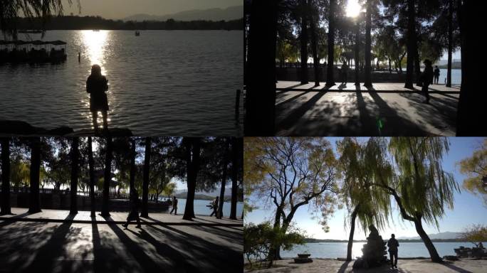 湖边人物剪影阳光透射树林湖面波光粼粼