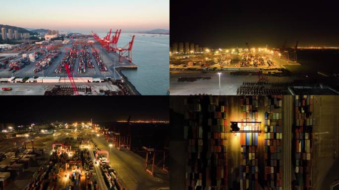 清晨和夜晚的海边货运码头4K航拍