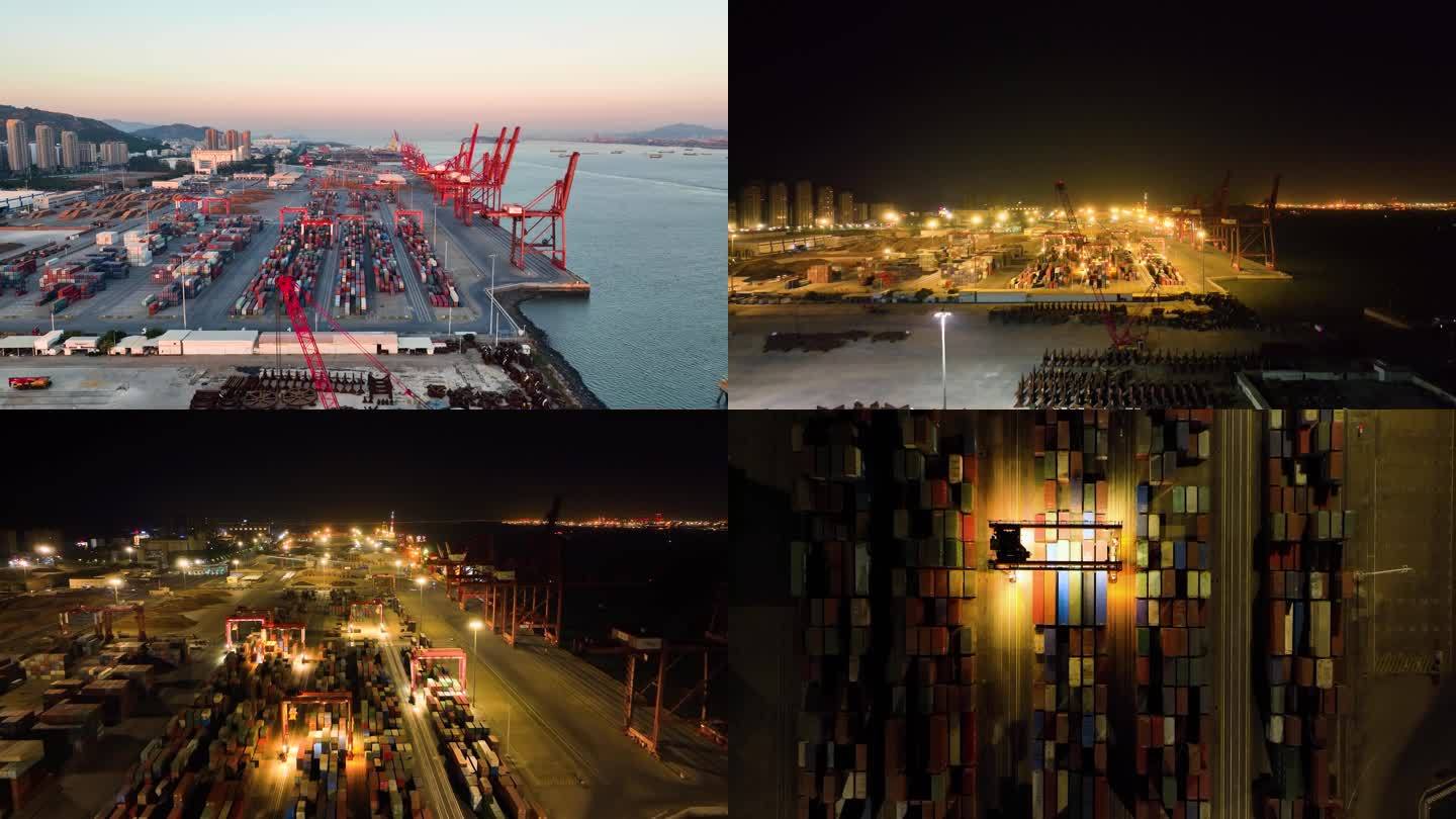 清晨和夜晚的海边货运码头4K航拍