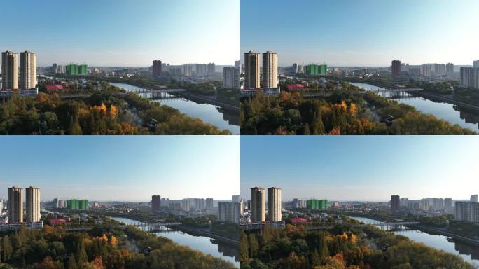 4K河南信阳浉河城市天际线秋天风景航拍