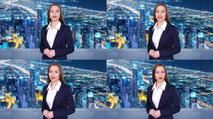 4K视频：女新闻播音员在电视演播室阅读突发新闻-迪拜