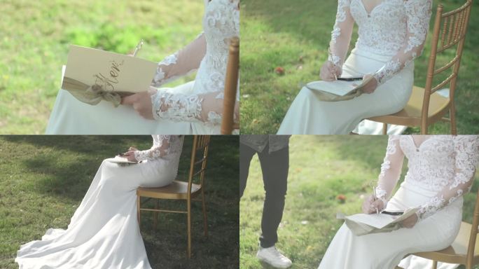 坐在凳子上的写誓言卡的新娘子