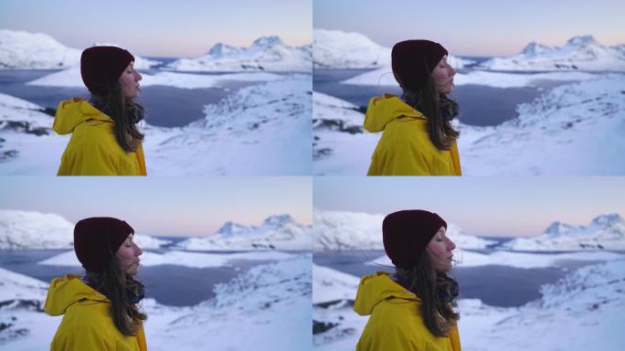雪中的罗福滕岛上的山中女子