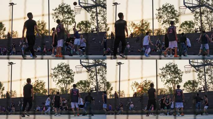 夕阳下打篮球的年轻人