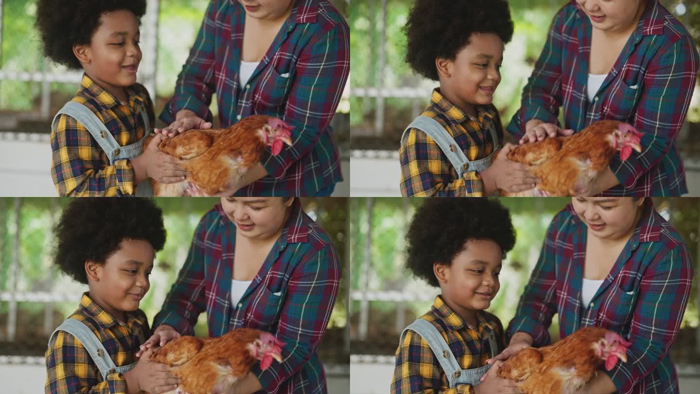 养鸡场里的非洲男孩和母亲抱着一只鸡