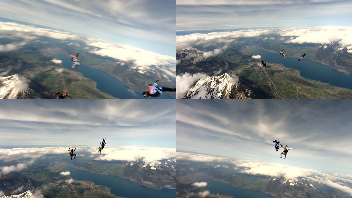 自由落体式跳高运动员在瑞士高山上翱翔