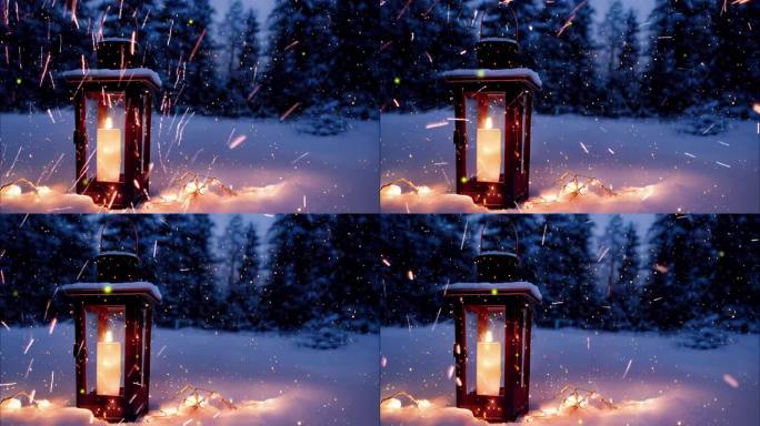 雪地里的蜡烛灯光