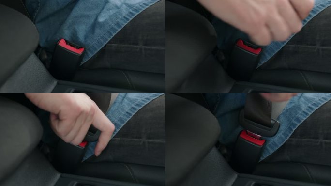 驾驶员将安全带插入座椅安全带夹持器时的特写镜头