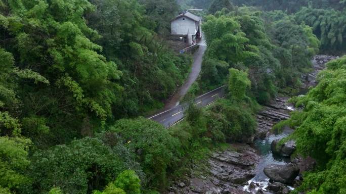 峨眉山下小溪流水竹林公路美丽风景航拍