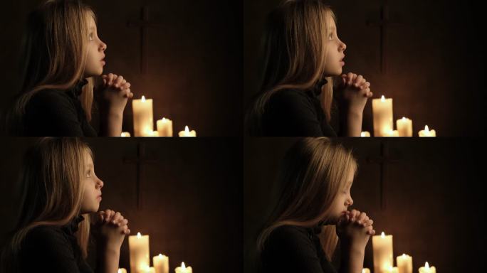 向上帝祈祷祷告小女孩祈愿祈福