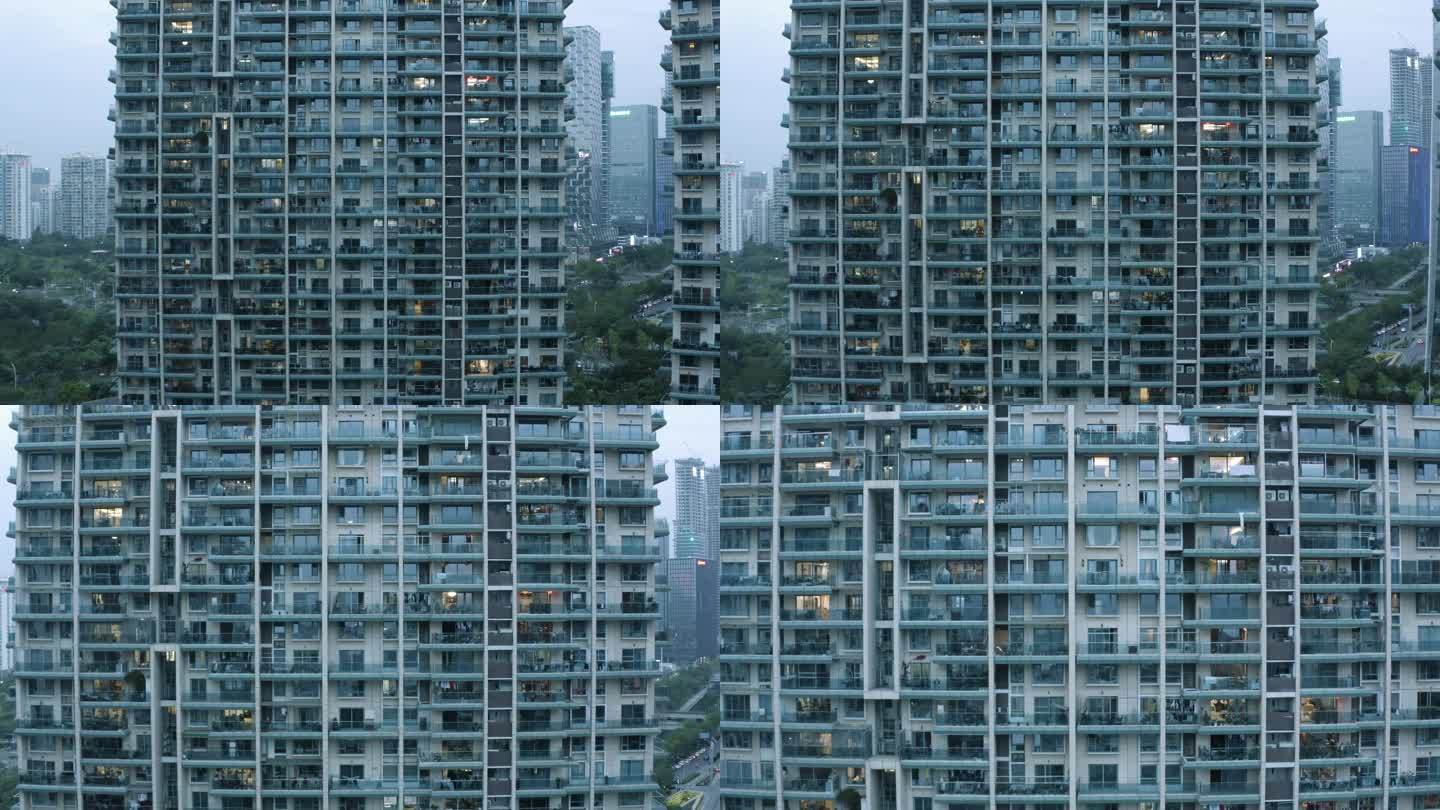 日落时分的城市居民楼鸟瞰图，中国深圳。
