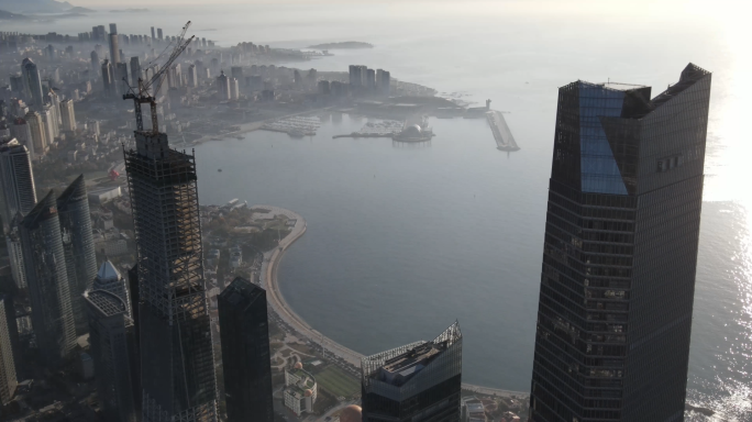 青岛经济城市清晨日出最高建筑航拍视频