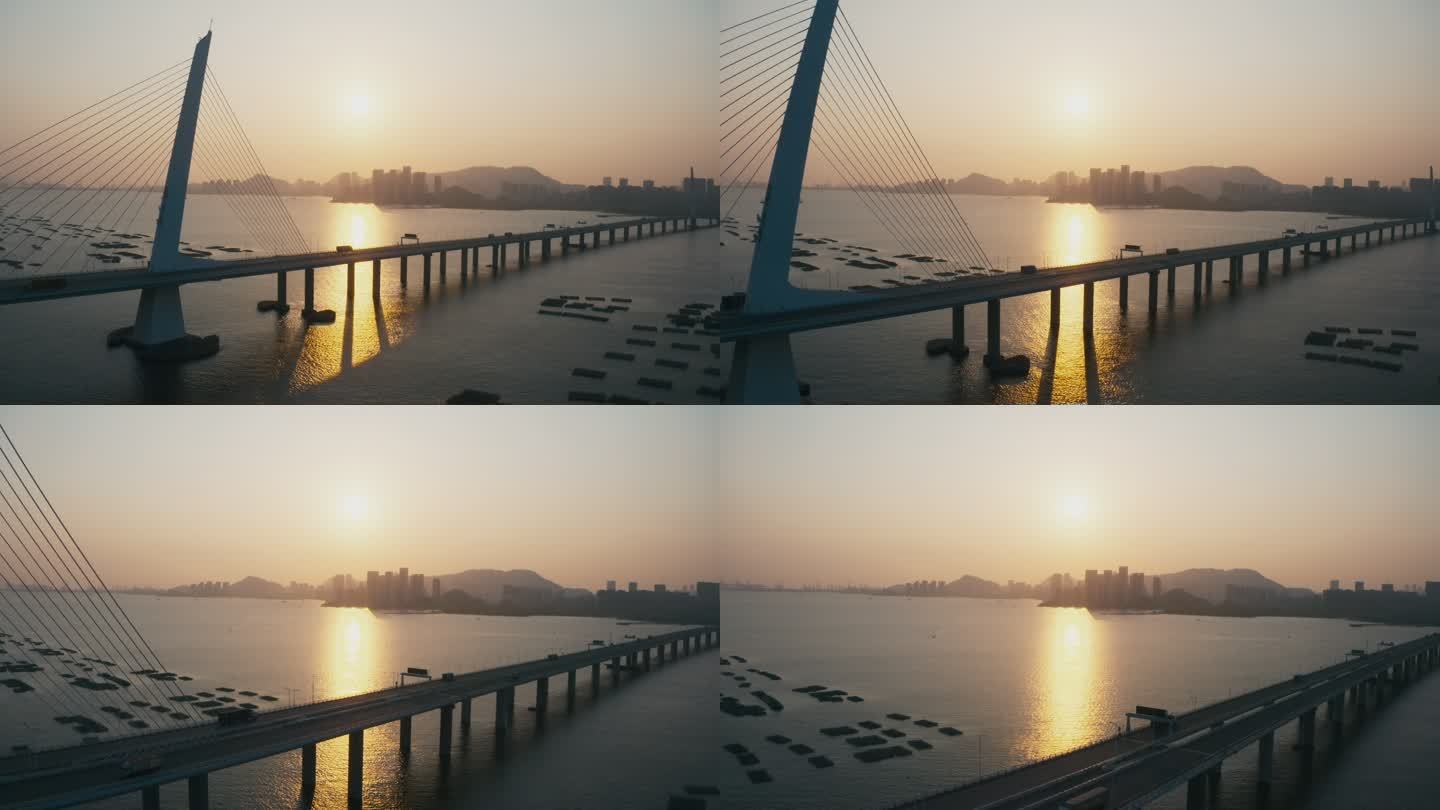 深圳湾大桥景观深圳湾大桥日落晚霞大海希望