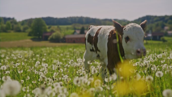 SLO MO小牛犊在村庄边缘的草地上散步