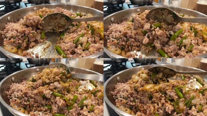 健康饮食的炉灶烹饪阶段泰国炒饭有机食品慢动作视频系列