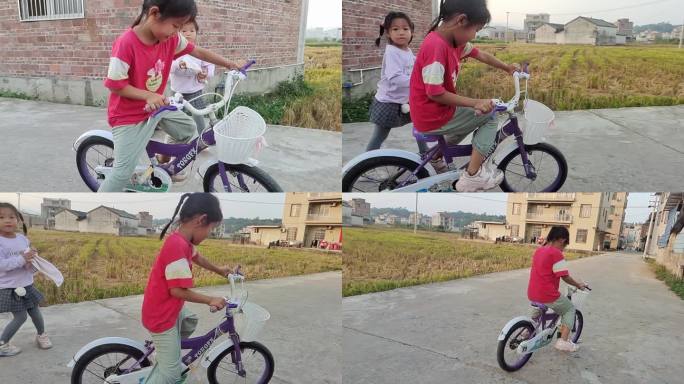 学骑自行车的小女孩乡村傍晚田间骑玩的女孩