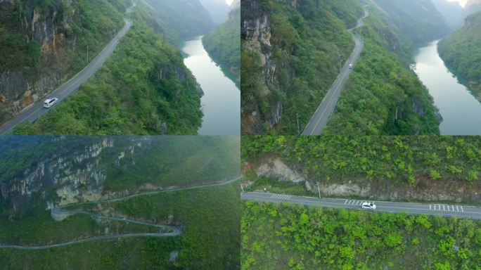 警车行驶在乡村盘山公路道路上