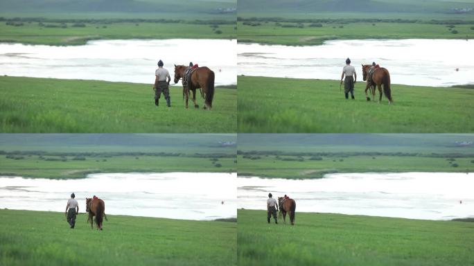 内蒙古牧民放牧牵马草原湖泊漫步