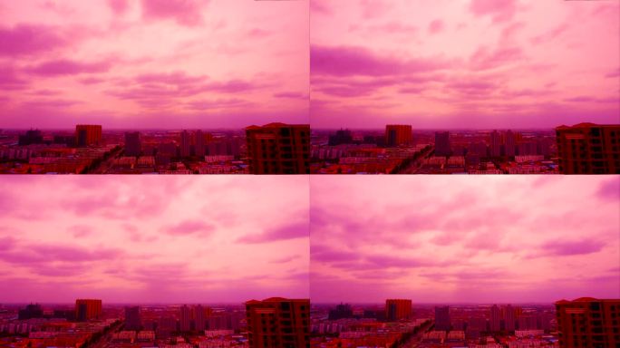城市上空延时，火烧云，时光流逝，粉色天空