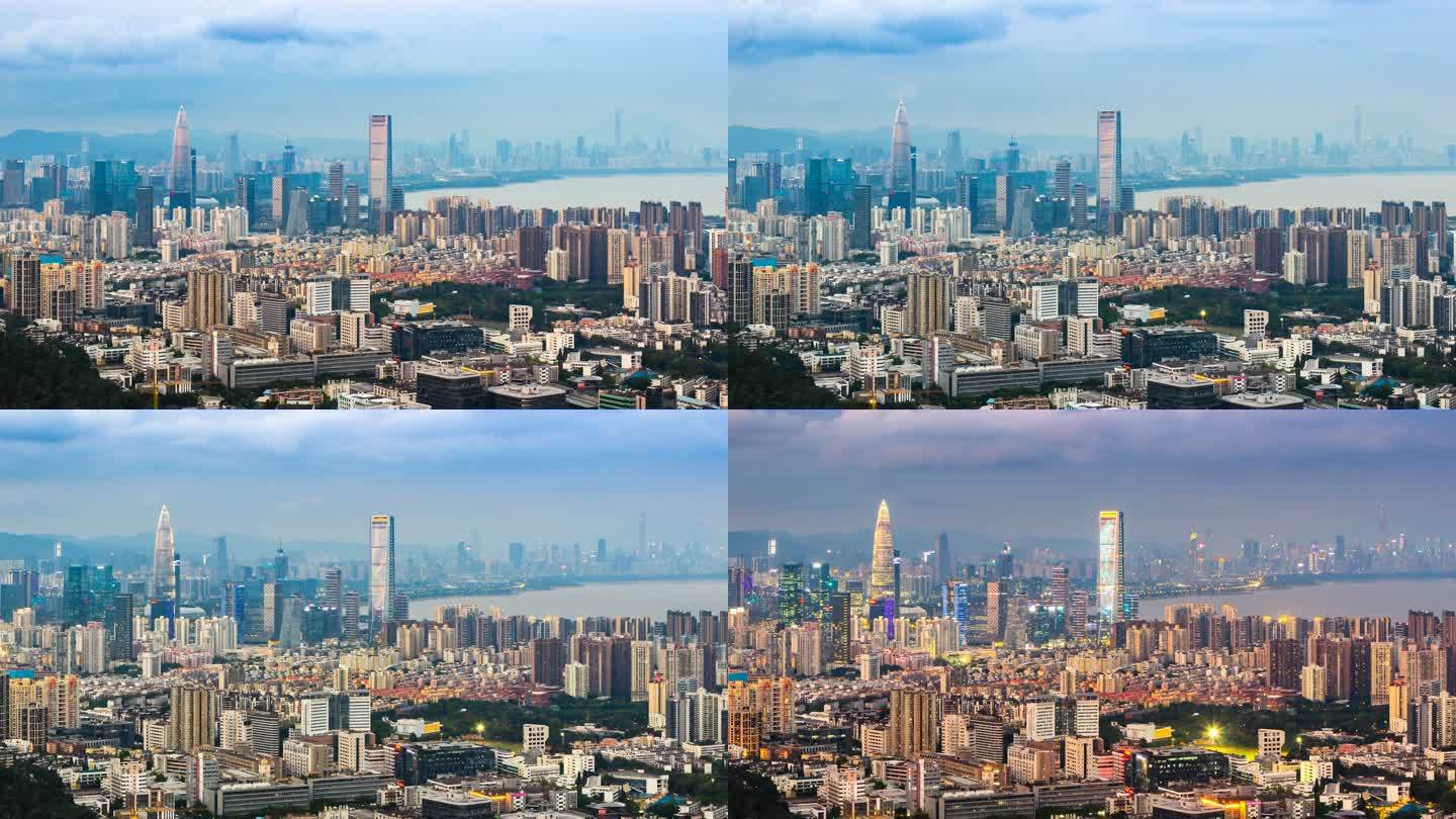 深圳湾和后海城市天际线从白天到夜晚都在延时/中国深圳。