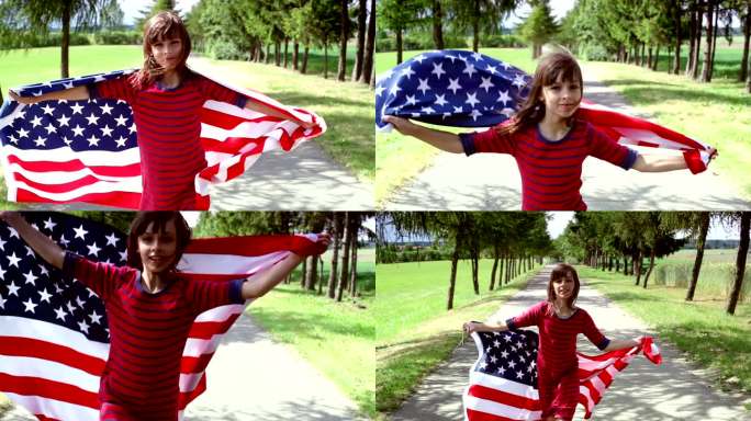 挂着美国国旗的小女孩