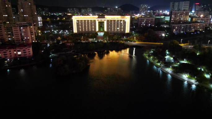 航拍徐州鼓楼区政府九龙湖夜景