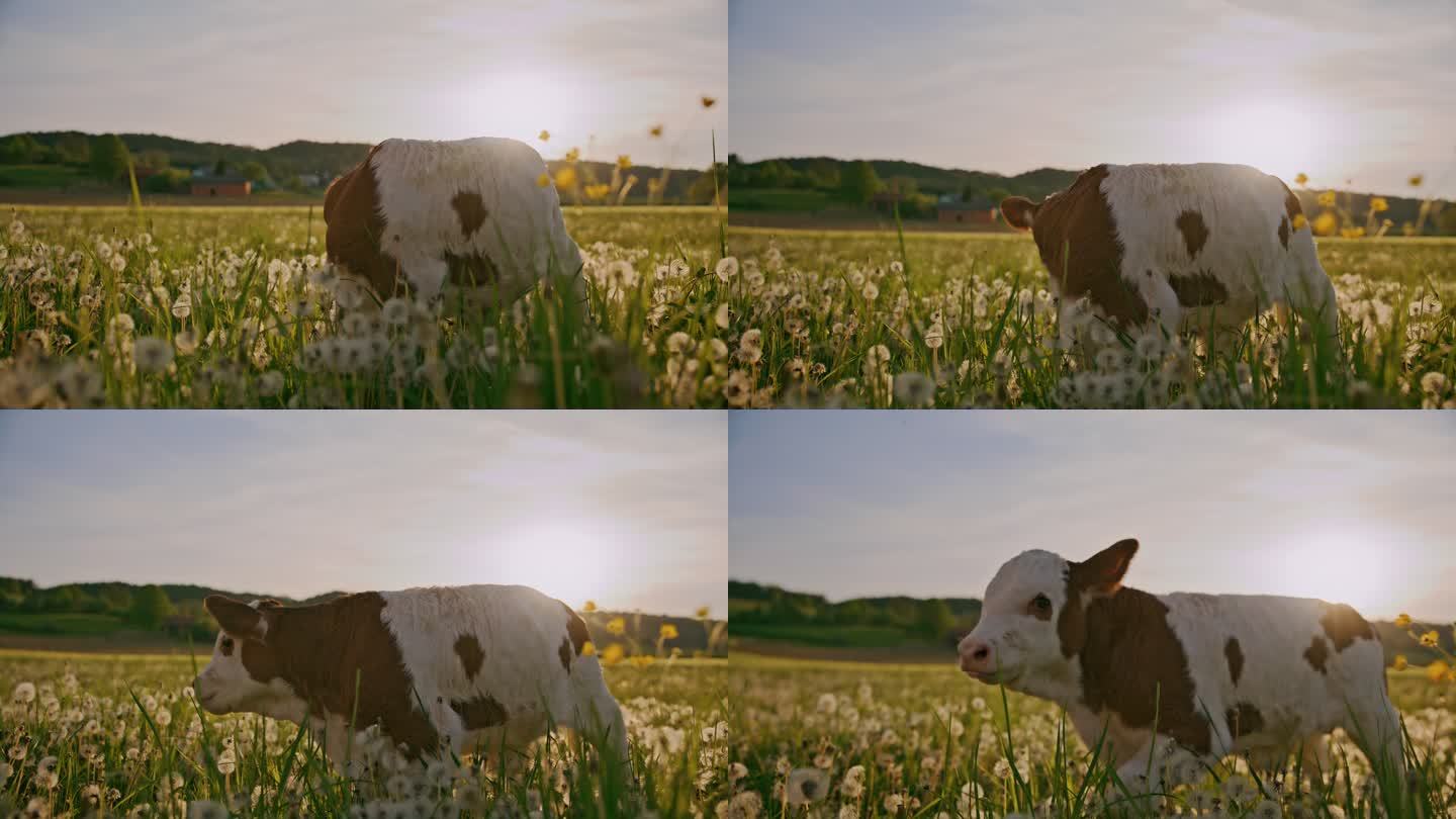 远景：小牛犊在牧场上吃草