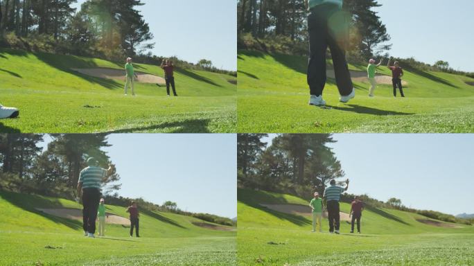 高尔夫球手在阳光充足的高尔夫球场上击球特写