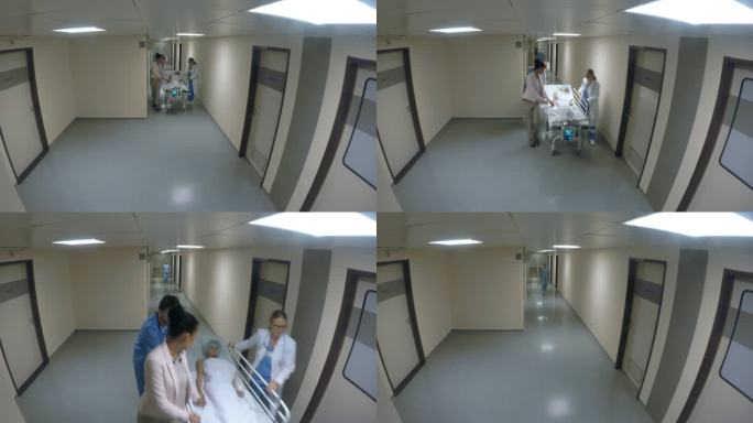 战俘护士和一名医生沿着医院走廊推着担架