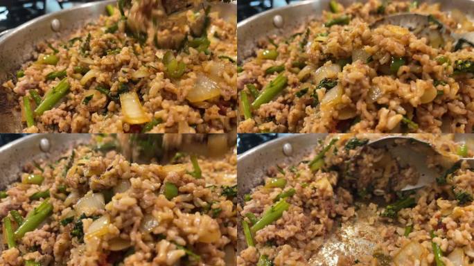 健康饮食的炉灶烹饪阶段泰国炒饭有机食品慢动作视频系列