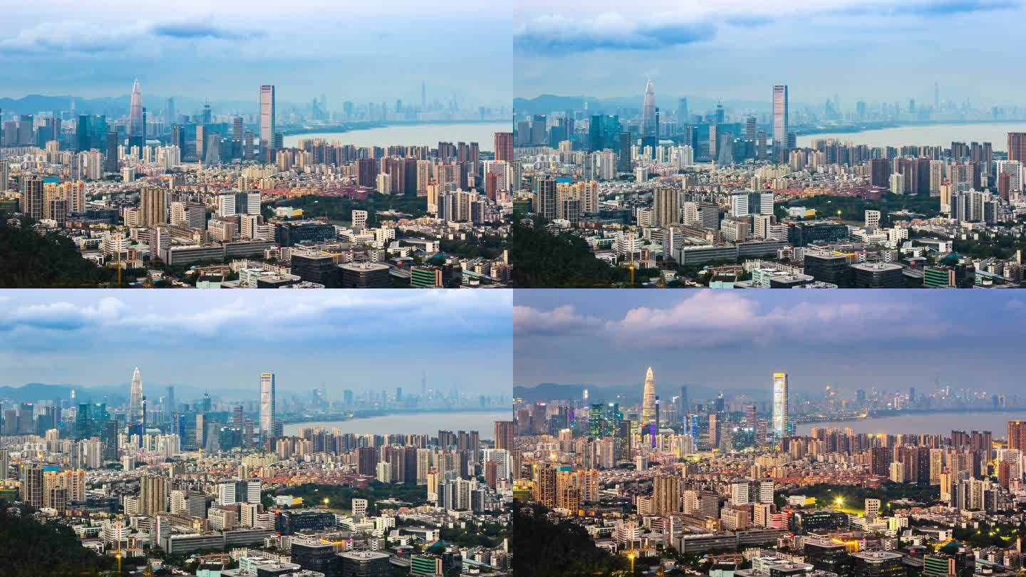深圳湾和后海城市天际线从白天到夜晚都在延时/中国深圳。