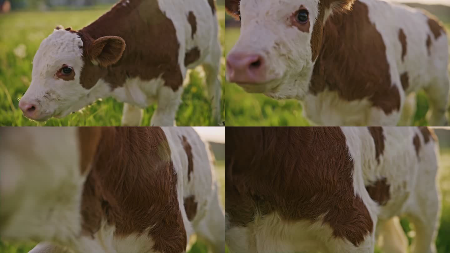 CU好奇的小牛犊看着并嗅着镜头