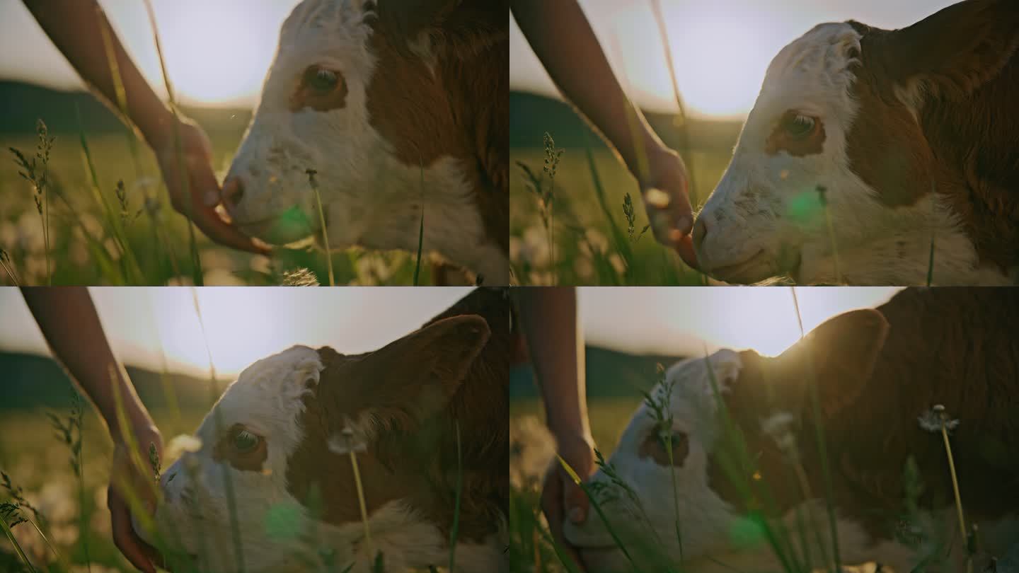 日落时分，小牛犊在草地上舔农夫的手