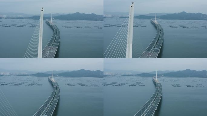 日落时分的深圳湾大桥鸟瞰图，中国广东。
