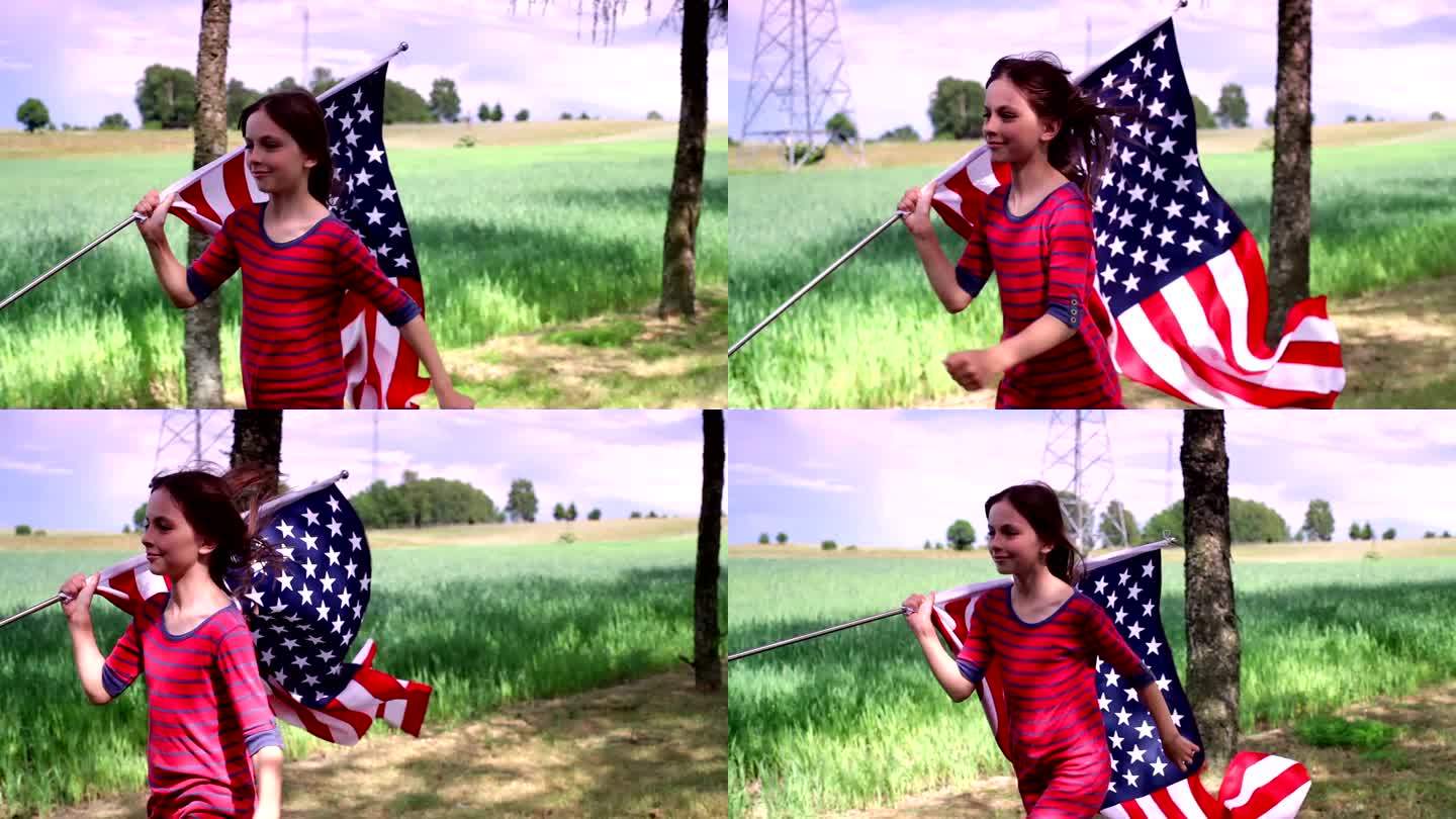 骄傲的美国女孩举着国旗