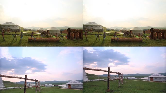 草原蒙古包围栏牧民夕阳