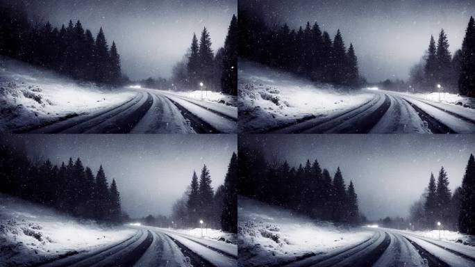 夜晚下雪的山路